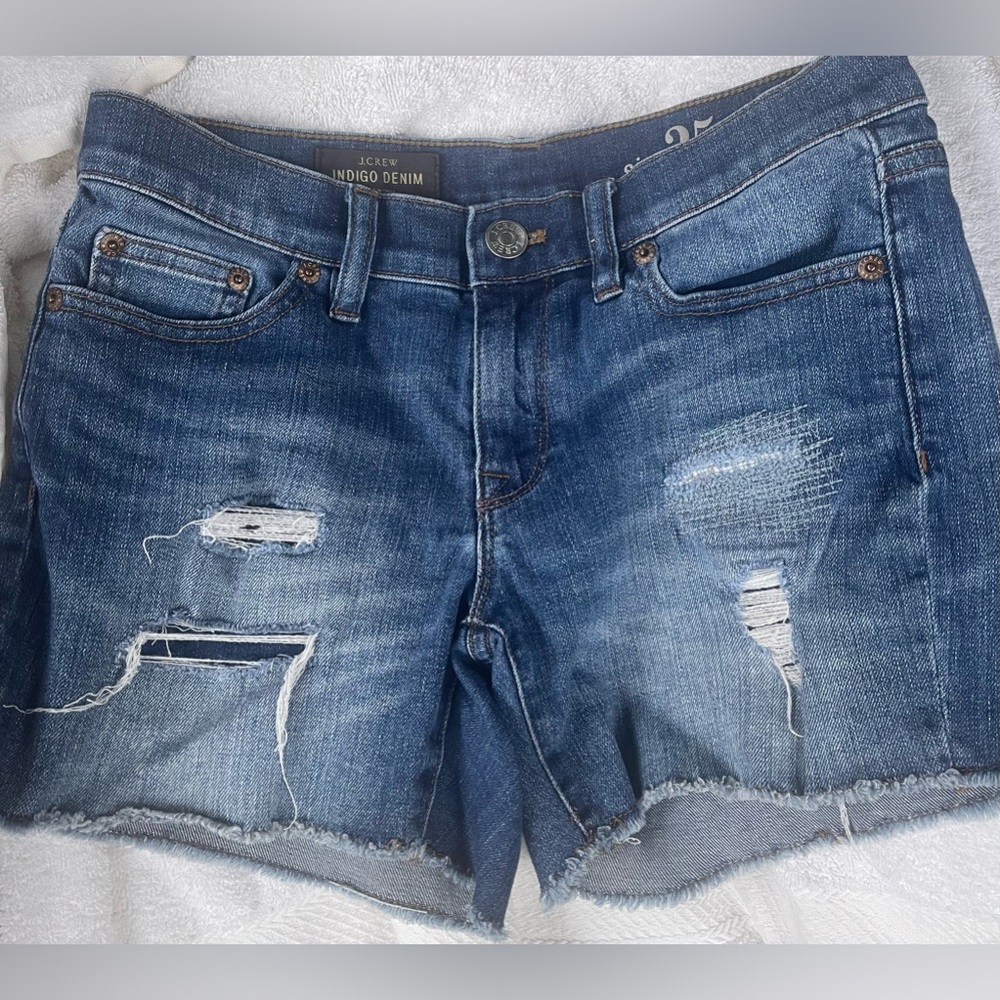 J CREW Denim Shorts Cut Offs Size 25 Distressed Indigo Blue Vacation Jeans - Picture 2 of 5